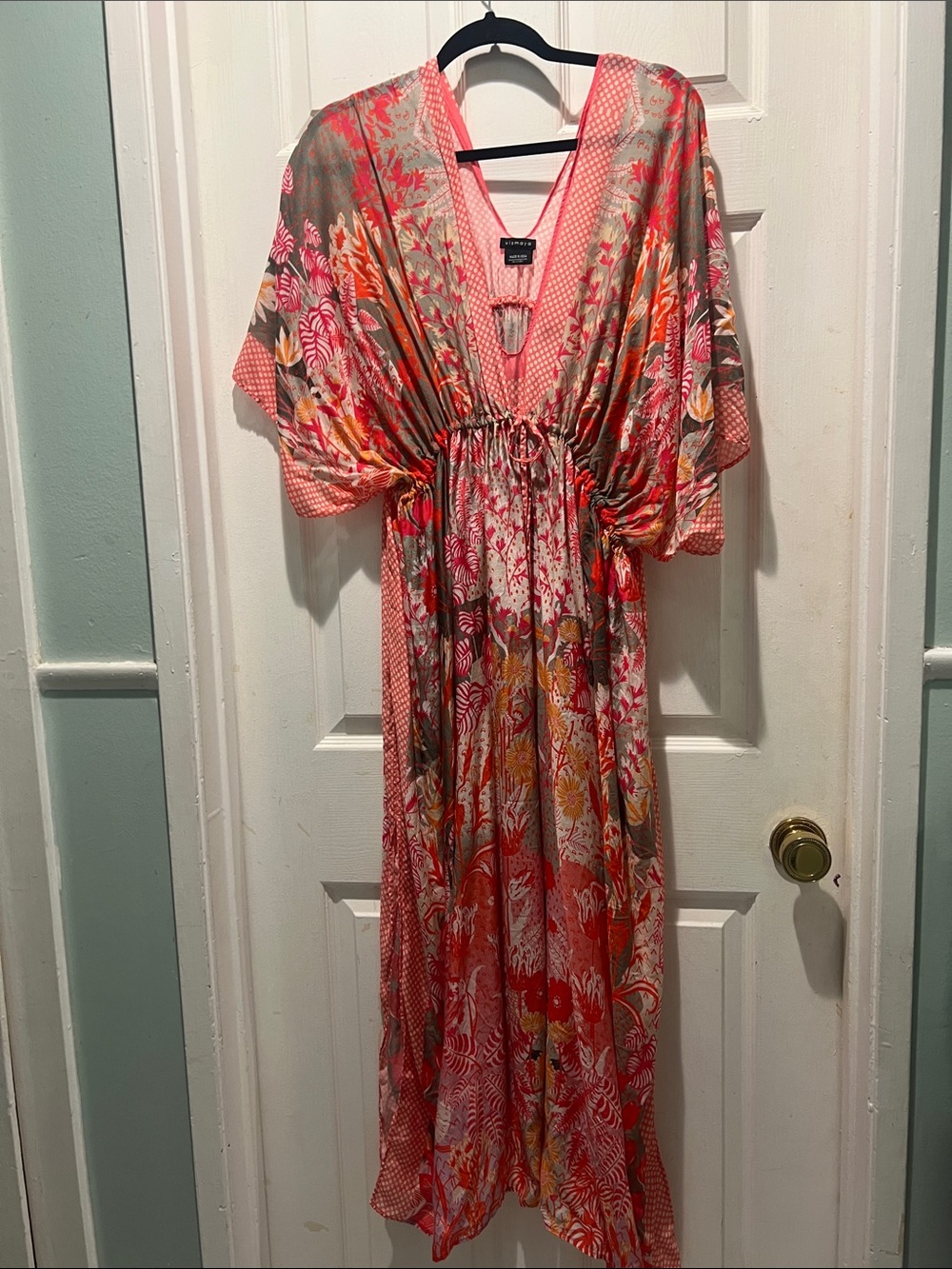 Vismaya Coral Floral Kimono Maxi Dress with Drawstring Waist